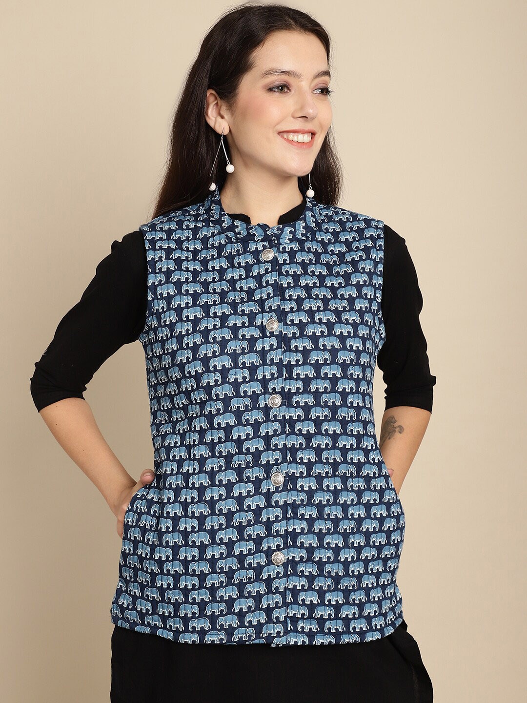 

Kamayra Conversational Printed Mandarin Collar Cotton Nehru Jacket, Navy blue