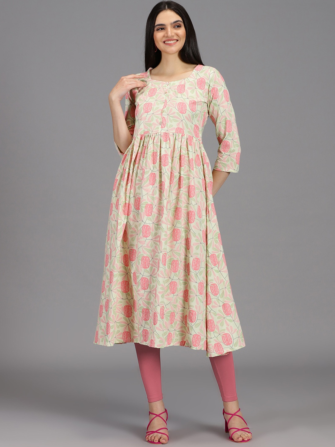 

HAY Floral Printed Anarkali Liva Kurta, Green