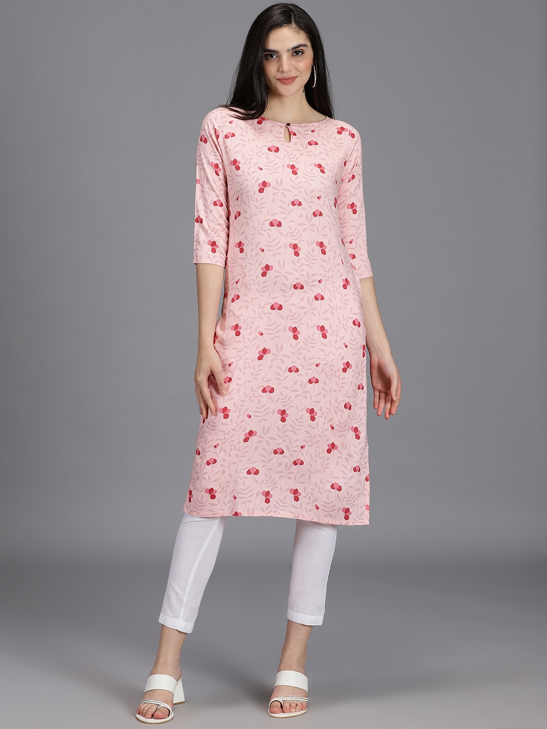 

HAY Floral Printed Keyhole Neck Liva Kurta, Pink