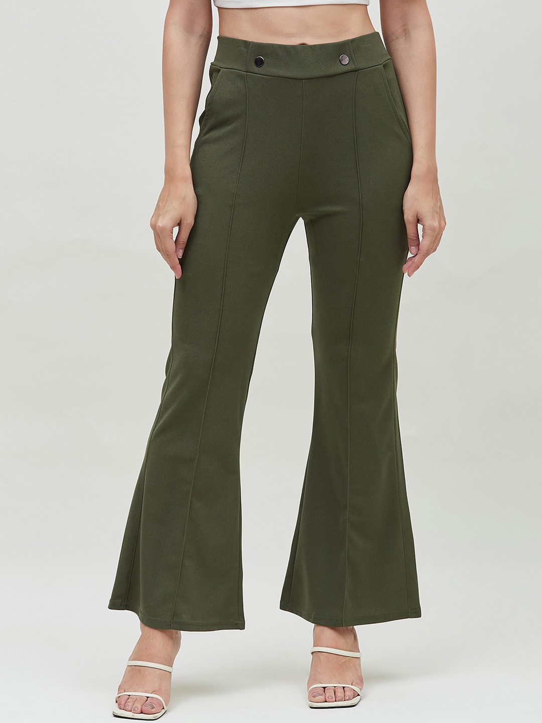 

Bitterlime Women Mid-Rise Smart Skinny Fit Bootcut Trousers, Olive