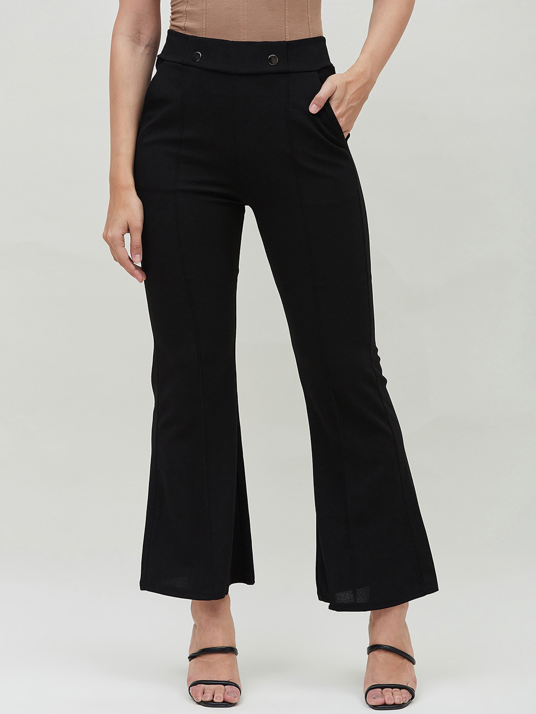 

Bitterlime Women Mid-Rise Smart Skinny Fit Bootcut Trousers, Black