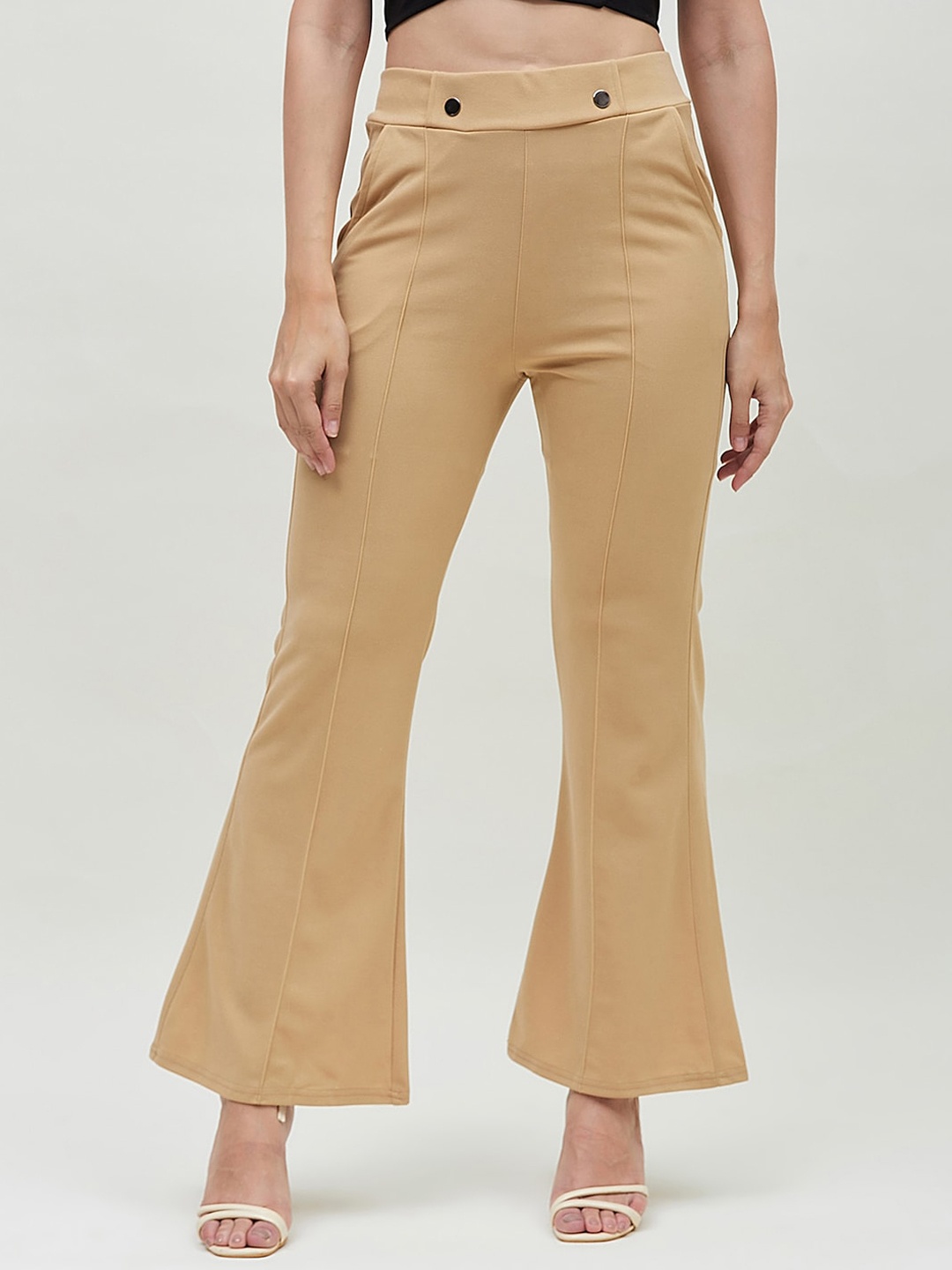 

Bitterlime Women Mid-Rise Smart Skinny Fit Bootcut Trousers, Beige