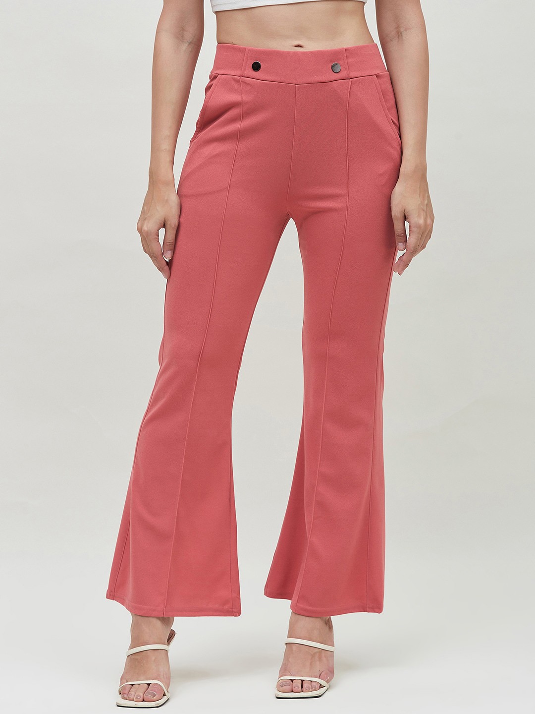 

Bitterlime Women Mid-Rise Smart Skinny Fit Bootcut Trousers, Pink