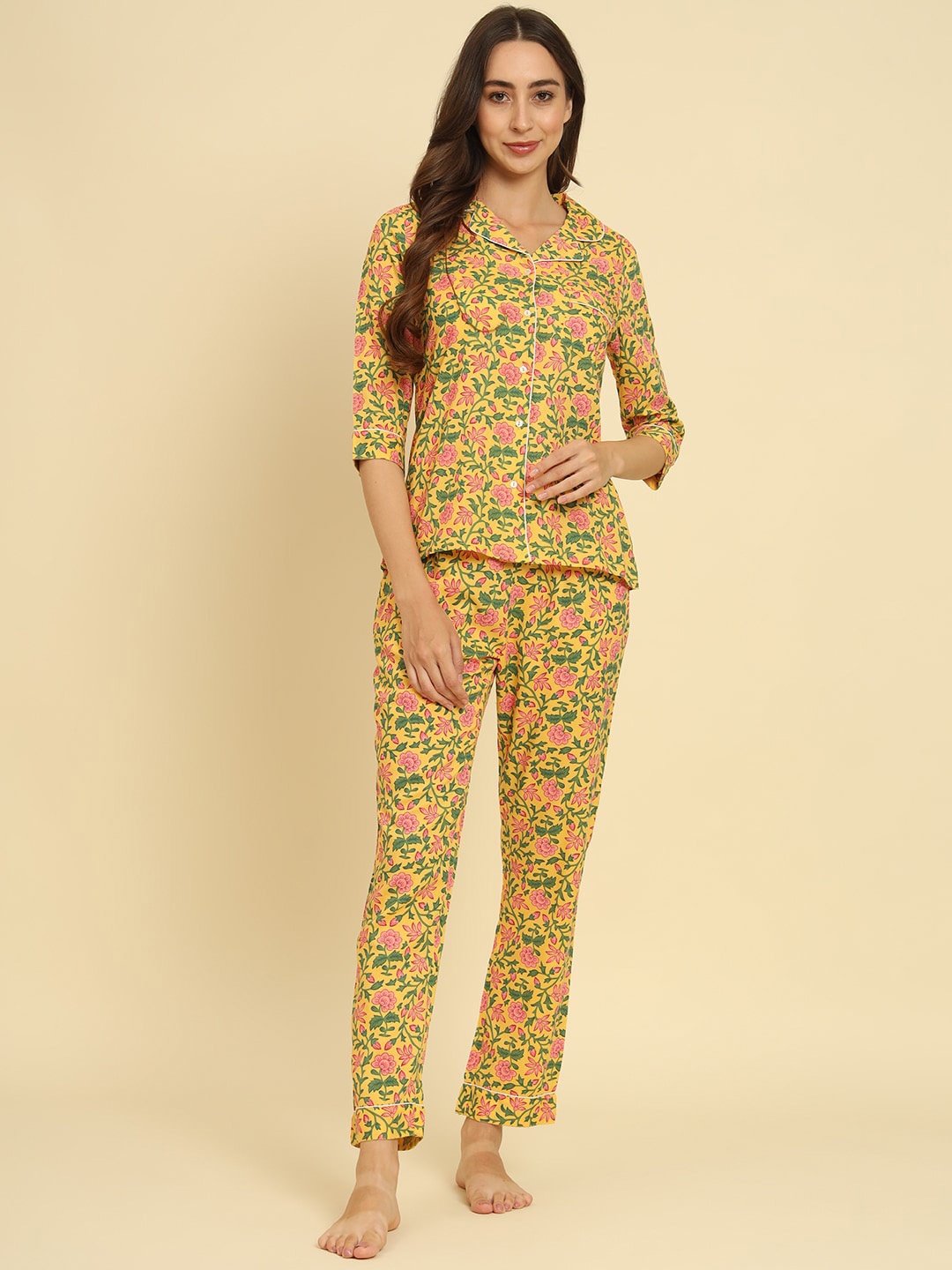 

HERE&NOW Floral Printed Pure Cotton Shirt WithPyjamas, Blue