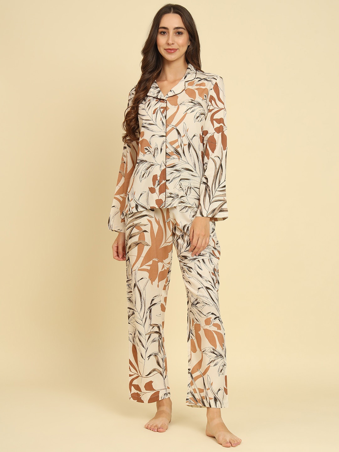 

HERE&NOW Beige Floral Printed Night suit