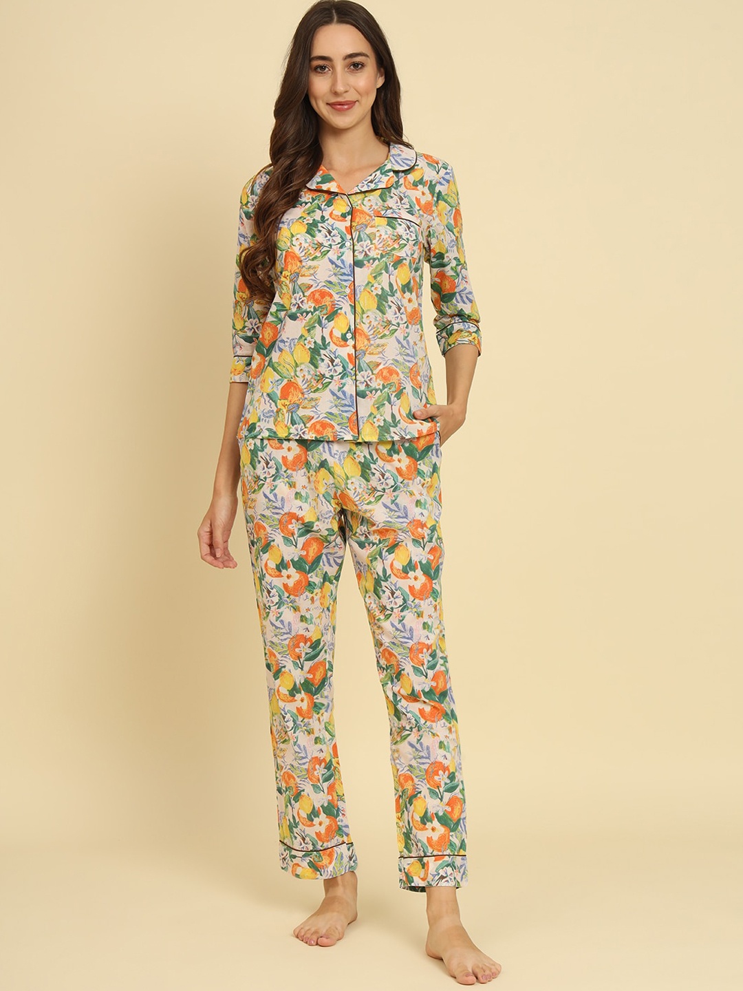 

HERE&NOW White Floral Printed Pure Cotton Night suit
