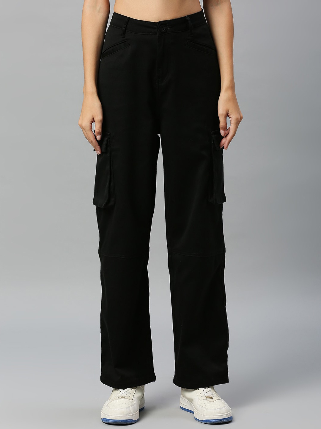 

Mast & Harbour Women Black Comfort Slim Fit High-Rise Cargos Trousers