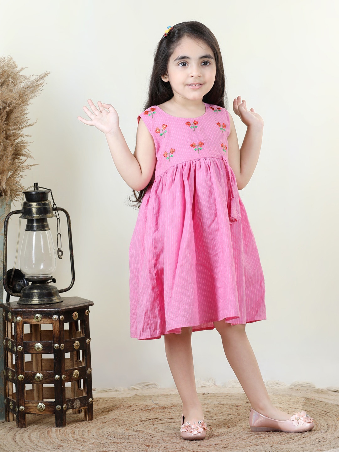 

Here&Now X Kinder Kids Girls Floral Embroidered Sleeveless Tie-Up Cotton A-Line Dress, Pink