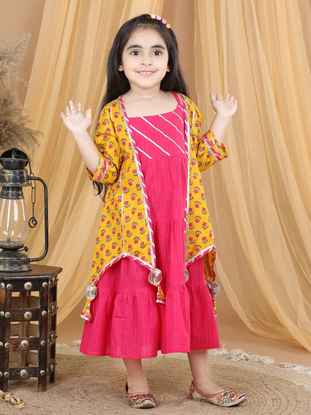 

Here&Now X Kinder Kids Girls Shoulder Straps Tired Cotton A-Line Midi Ethnic Dress & Shrug, Pink