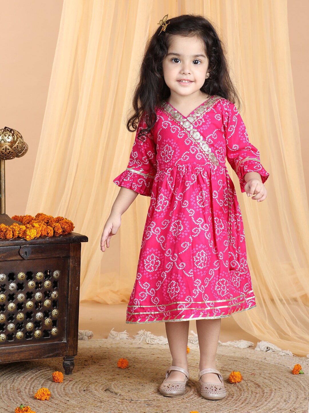 

Here&Now X Kinder Kids Girls Ethnic Motifs Printed Bell Sleeves Cotton Fit & Flare Dress, Pink