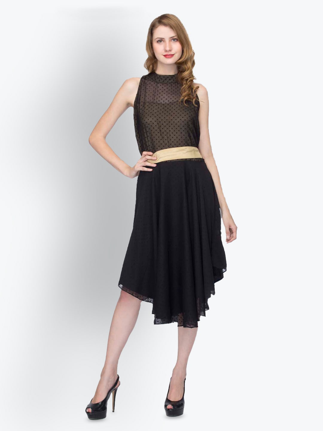 

urSense Self Design High Neck Fit & Flare Dress, Black