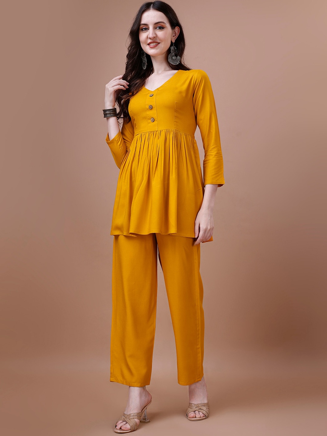 

KALINI V-Neck Empire Anarkali Kurta With Trousers, Yellow