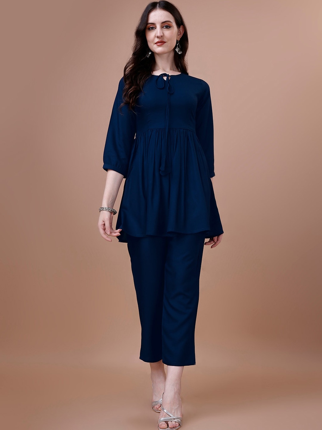 

KALINI Tie-Up Neck Empire Anarkali Kurti With Trousers, Blue