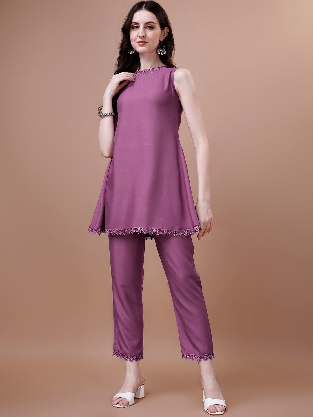 

KALINI Round Neck Sleeveless A Line Kurta With Trousers, Pink