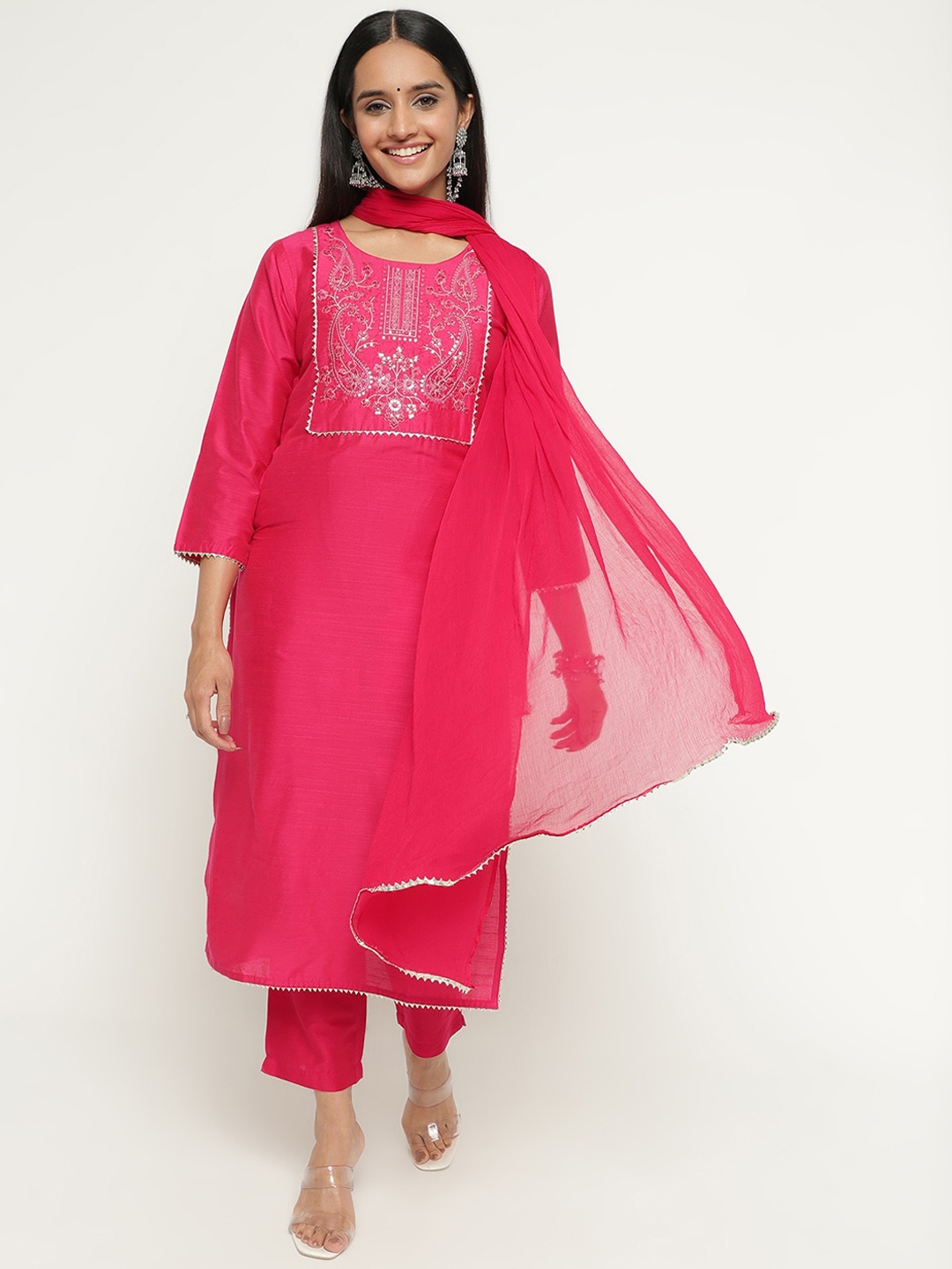 

aayusika Ethnic Yoke Design Regular Thread Work Art Silk Kurta With Trousers & Dupatta, Pink