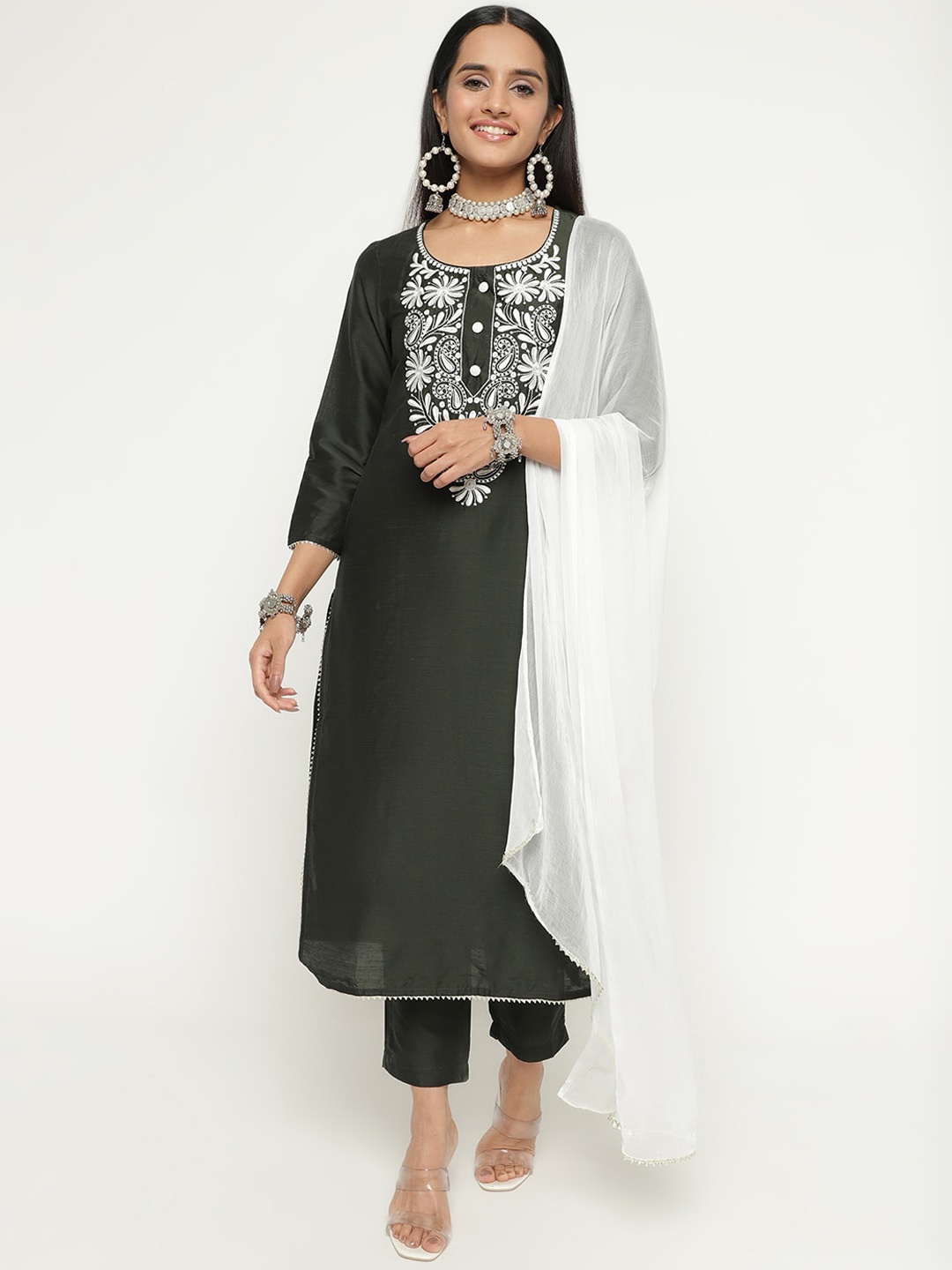 

aayusika Ethnic Yoke Design Regular Thread Work Art Silk Kurta With Trousers & Dupatta, Olive