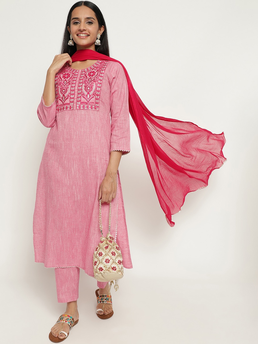 

aayusika Ethnic Yoke Design Regular Thread Work Pure Cotton Kurta With Trousers & Dupatta, Pink