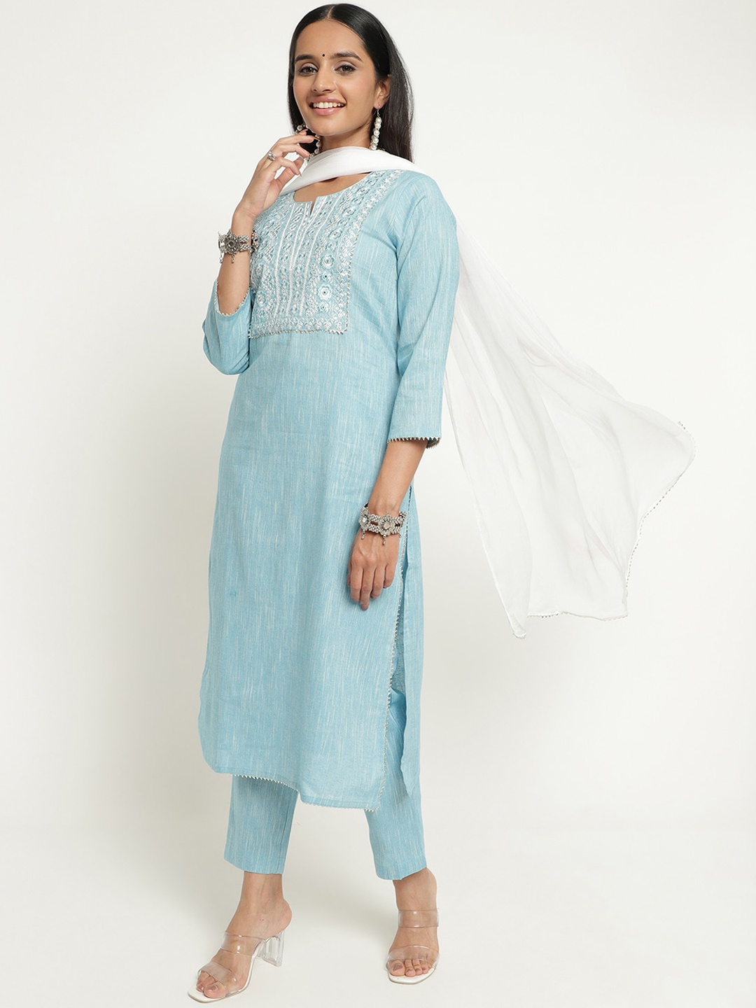 

aayusika Floral Embroidered Thread Work Pure Cotton Kurta with Trousers & Dupatta, Blue