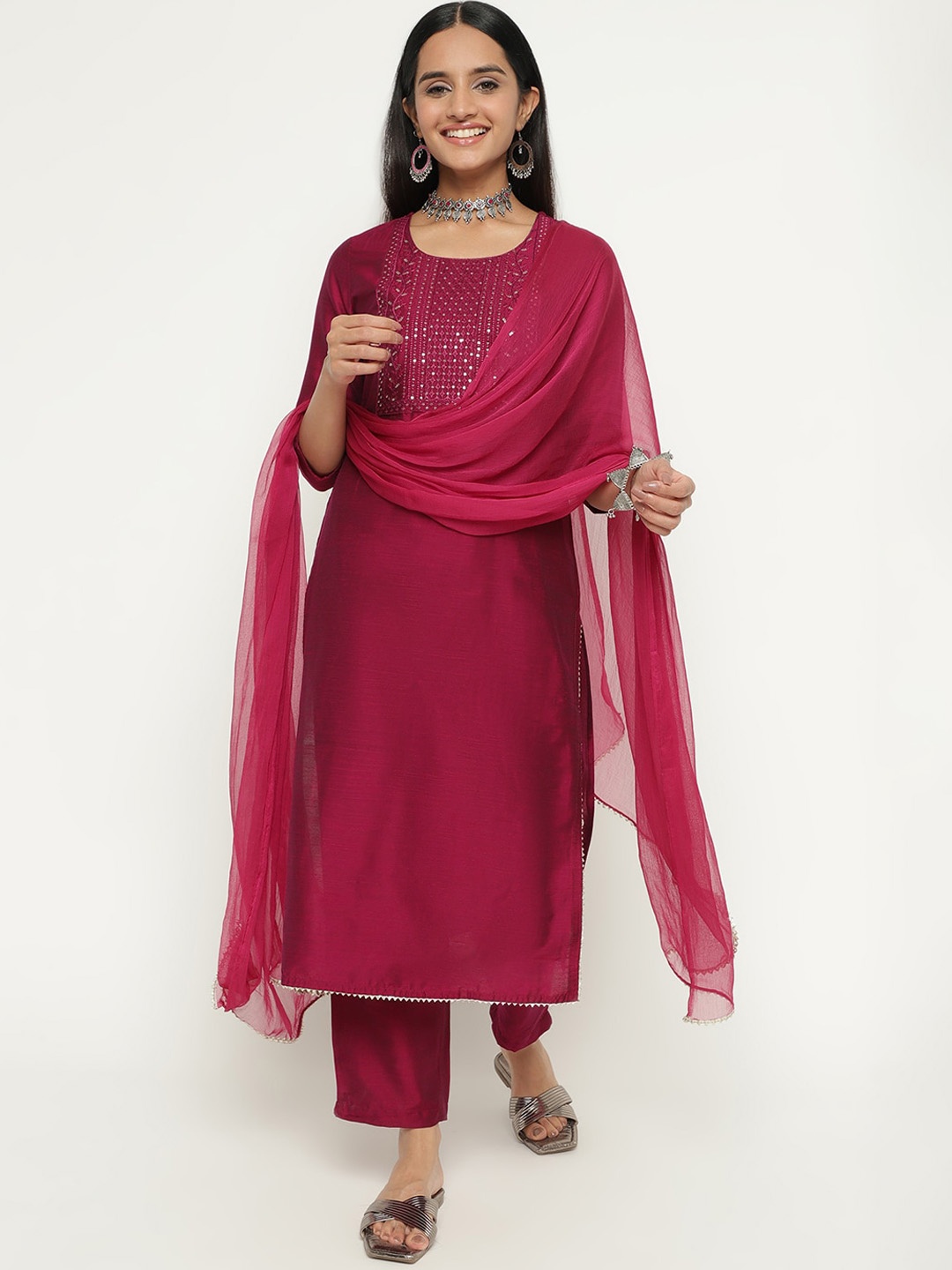 

aayusika Ethnic Yoke Design Regular Thread Work Art Silk Kurta With Trousers & Dupatta, Maroon