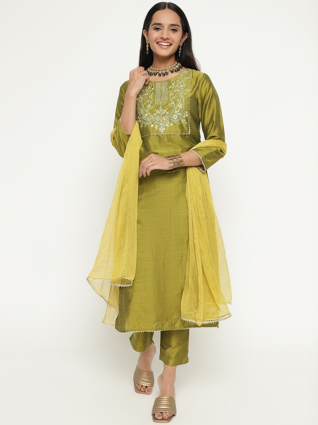 

aayusika Ethnic Yoke Design Regular Thread Work Art Silk Kurta With Trousers & Dupatta, Olive