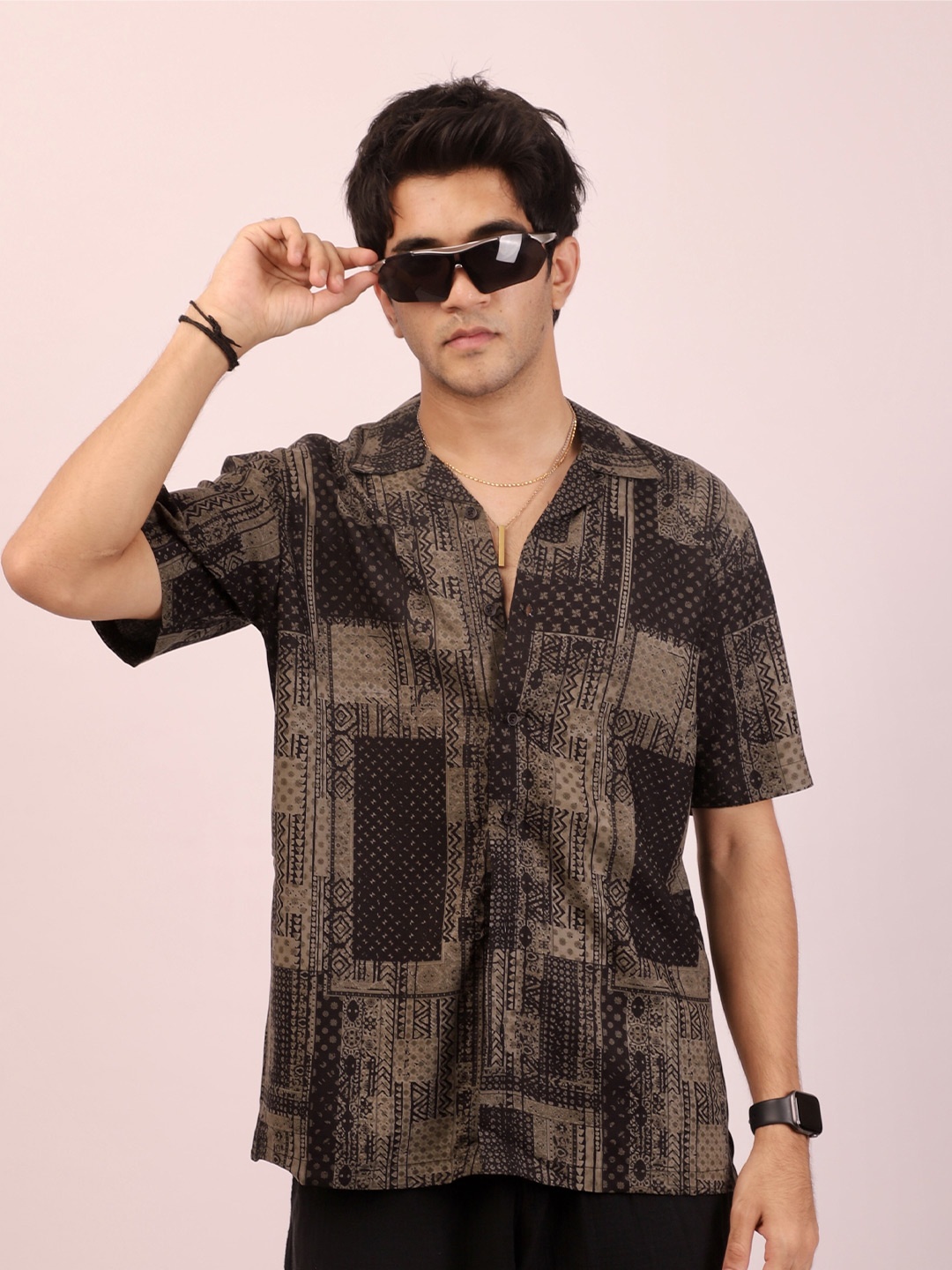 

DEZANO Modern Abstract Printed Oversize Casual Shirt, Brown