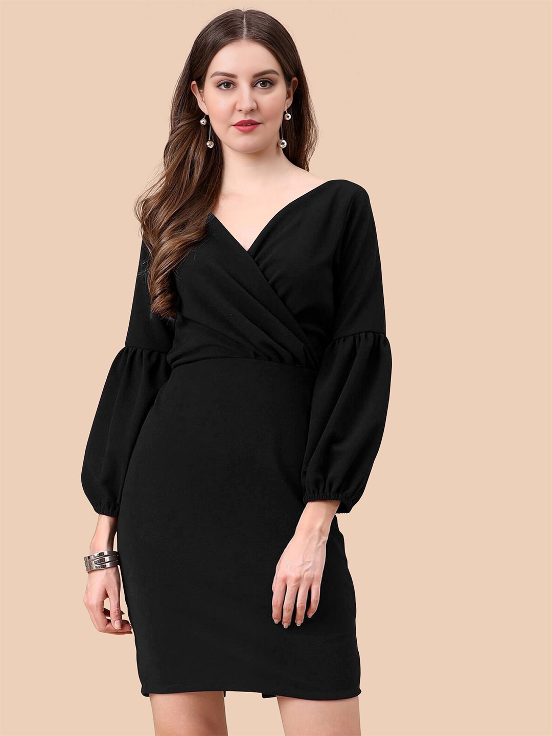

APNISHA Puff Sleeves Pleated Sheath Dress, Black