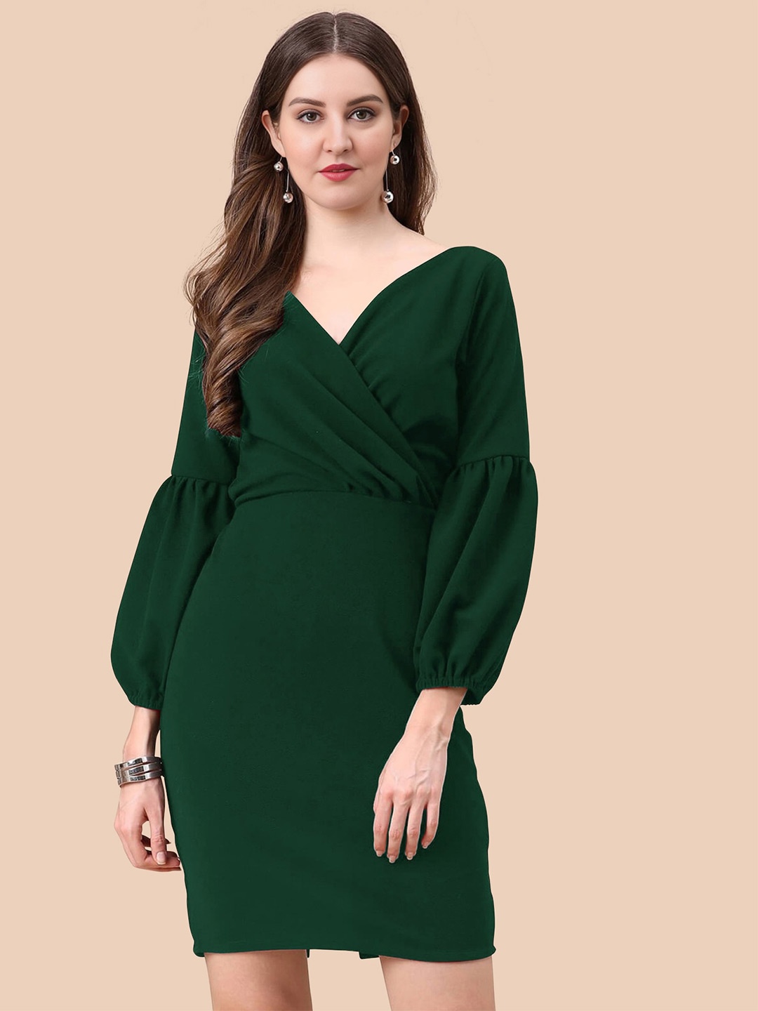 

APNISHA Puff Sleeves Pleated Sheath Dress, Green