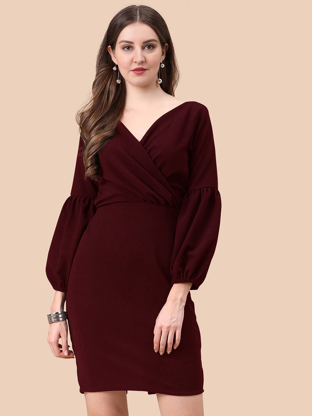 

APNISHA Puff Sleeves Pleated Sheath Dress, Maroon