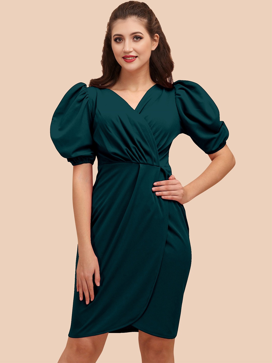 

APNISHA Puff Sleeves Wrap Dress, Teal