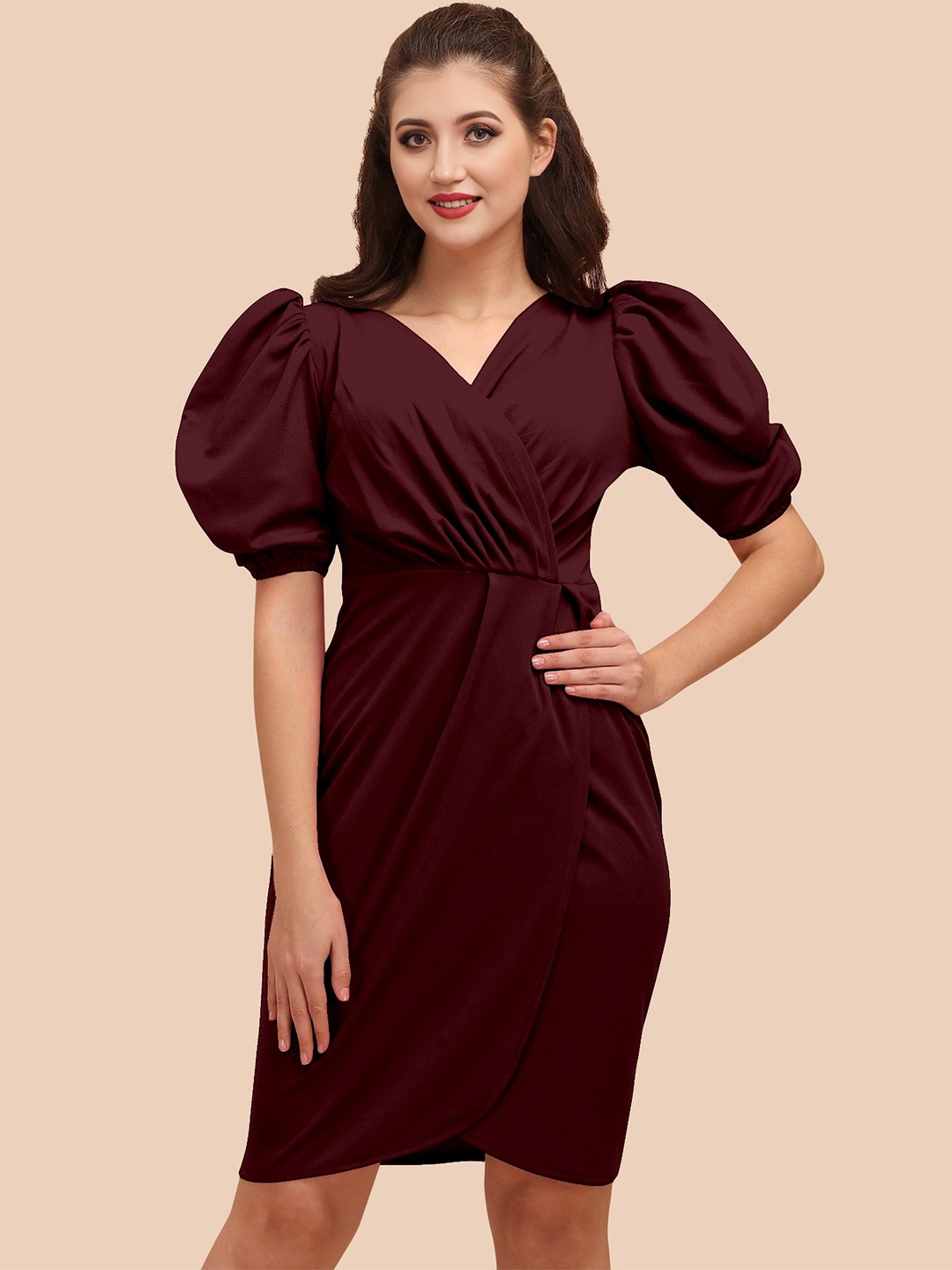 

APNISHA V-Neck Puff Sleeve Sheath Above Knee Dress, Maroon