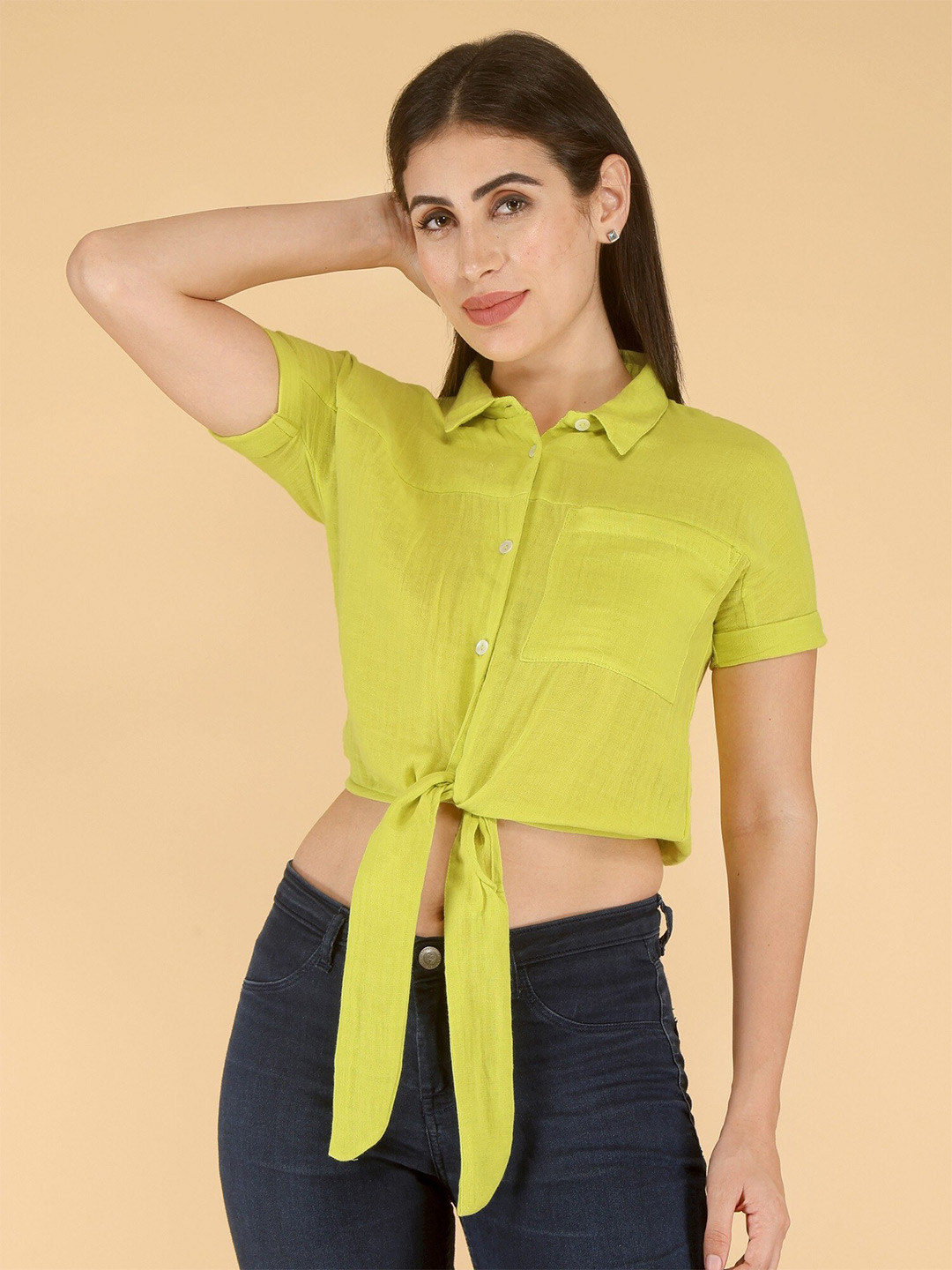 

HERE&NOW Shirt Collar Waist Tie-Up Cotton Shirt Style Crop Top, Green
