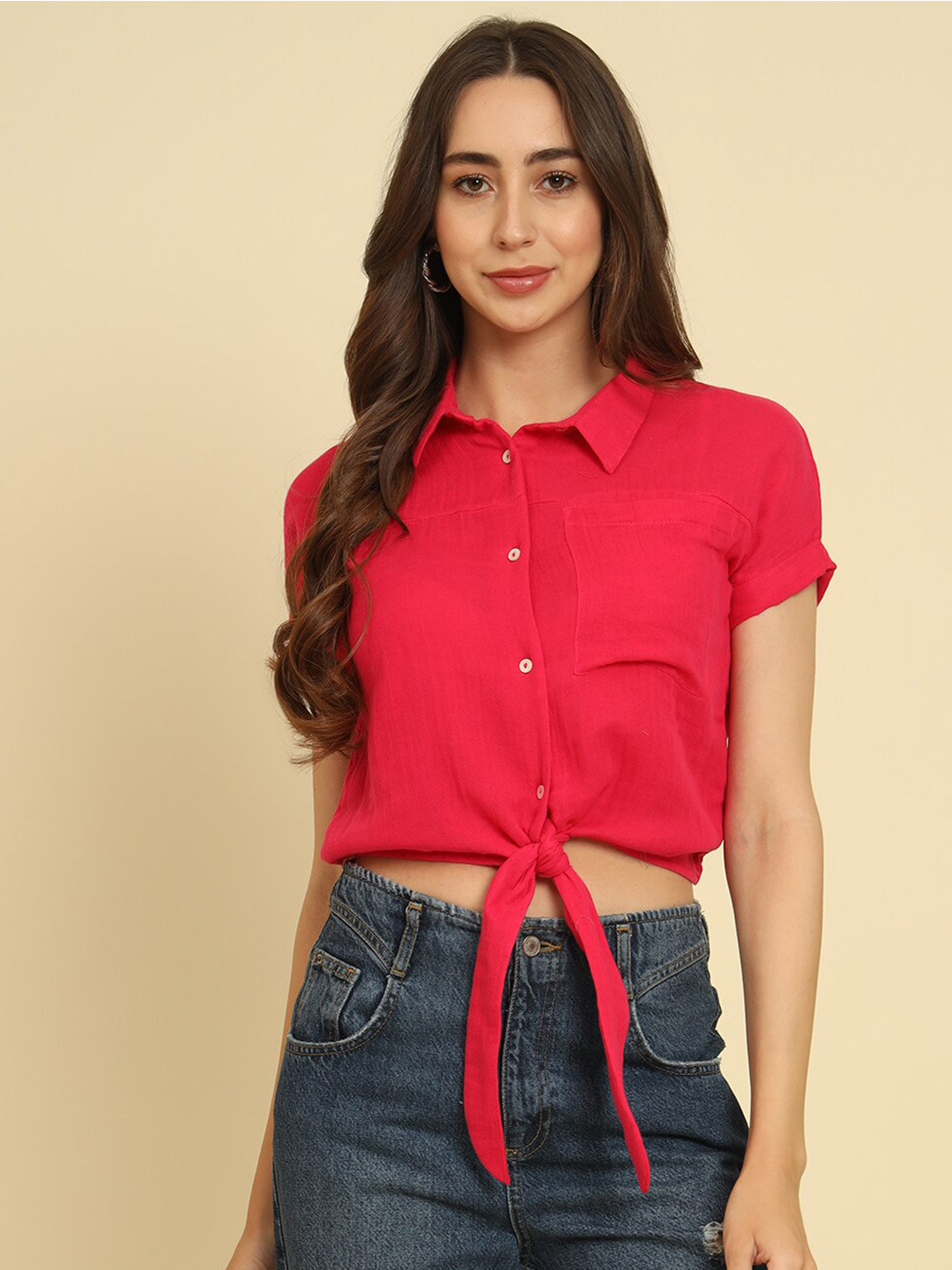 

HERE&NOW Shirt Collar Waist Tie-Up Cotton Shirt Style Crop Top, Red