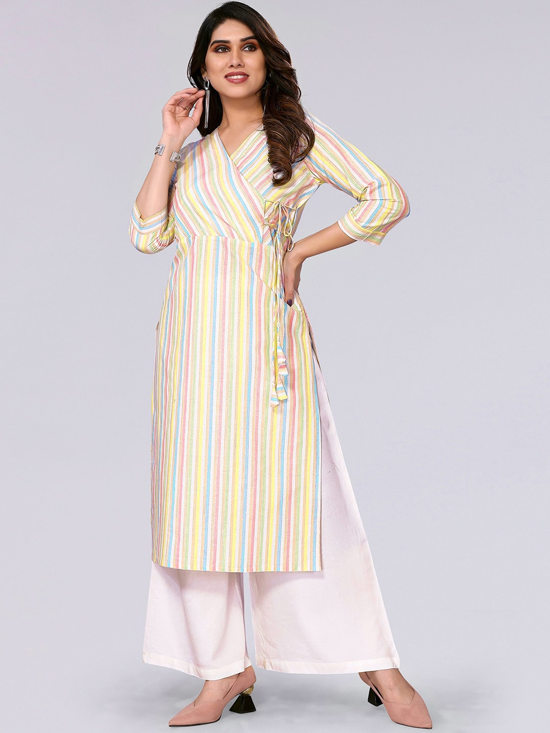 

KALINI Striped Angrakha Cotton Kurta, Yellow