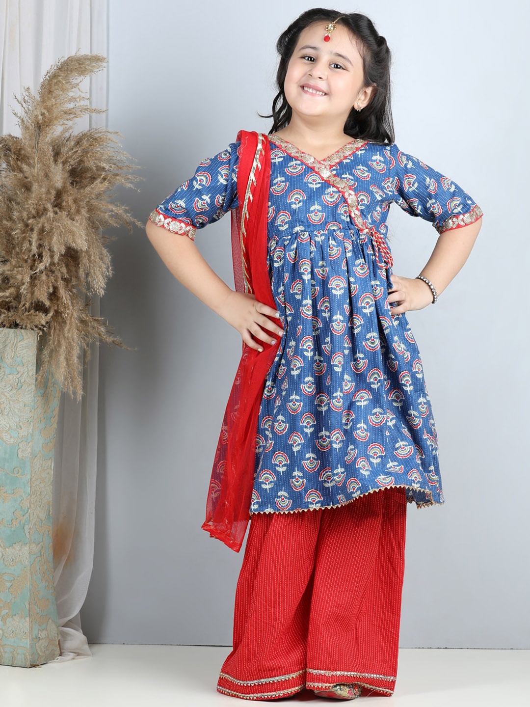 

Here&Now X Kinder KidsGirls Floral Printed Angrakha Pure Cotton Kurti with Sharara, Blue