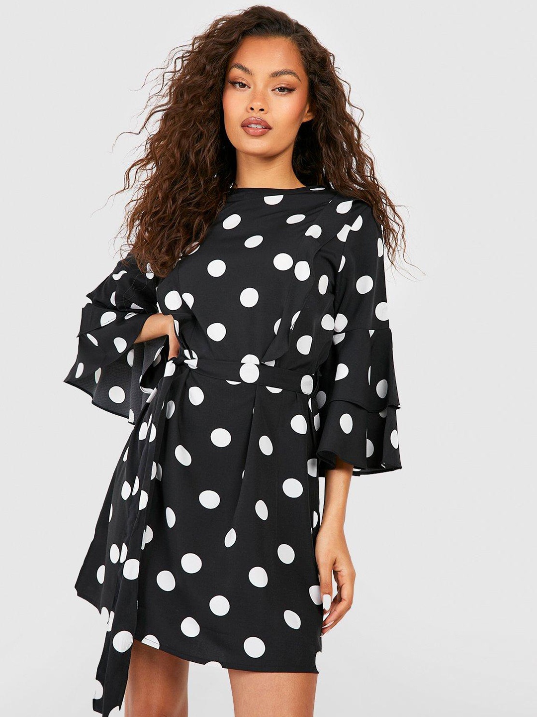 

Boohoo Polka Dot Print Flared Sleeve A-Line Mini Dress with Belt, Black