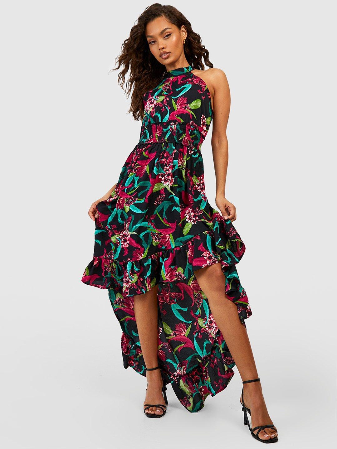 

Boohoo Shirred Floral Print Ruffled High-Low Hem A-Line Maxi Dress, Pink