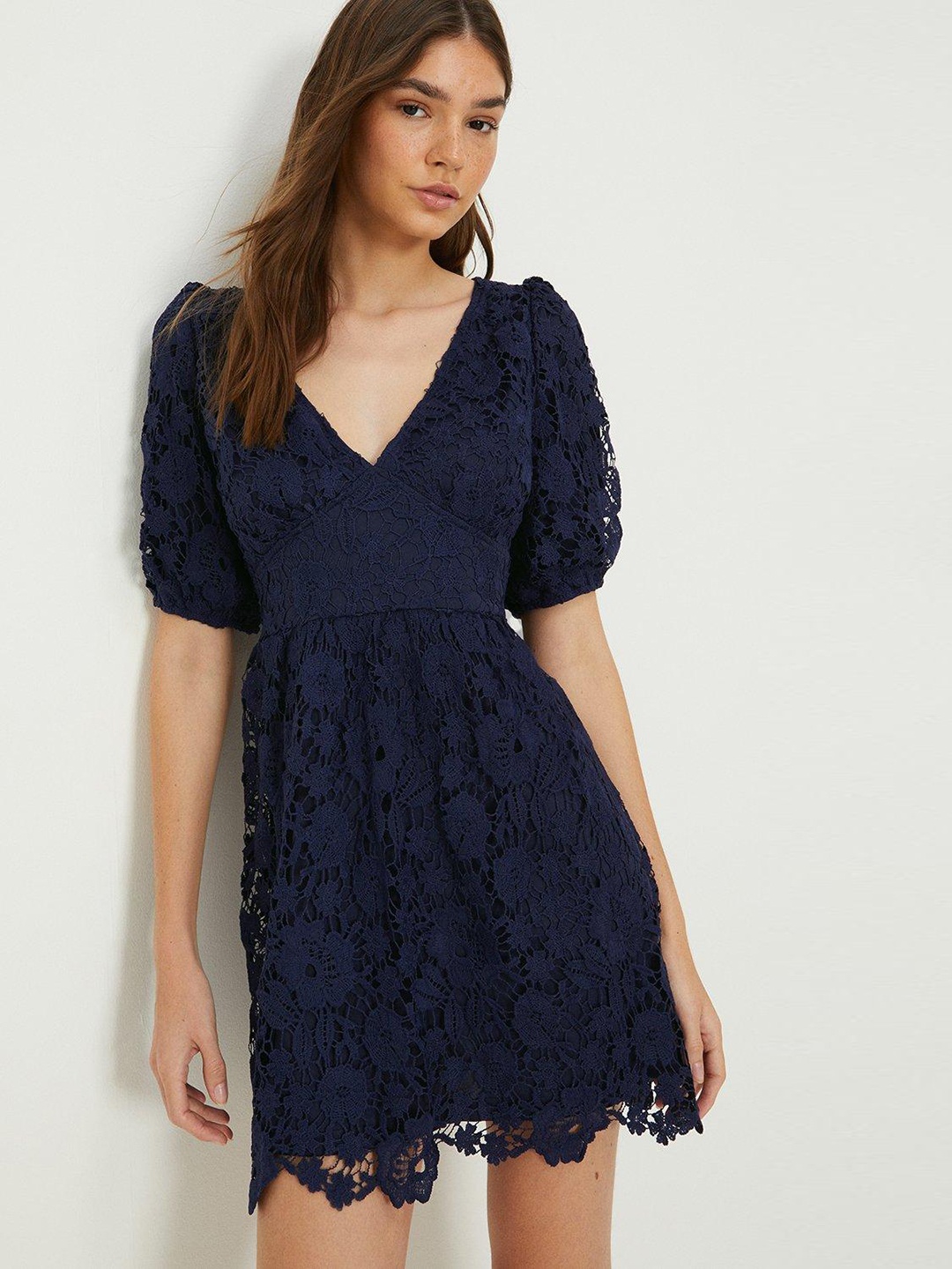 

DOROTHY PERKINS Lace Empire Mini Dress, Navy blue