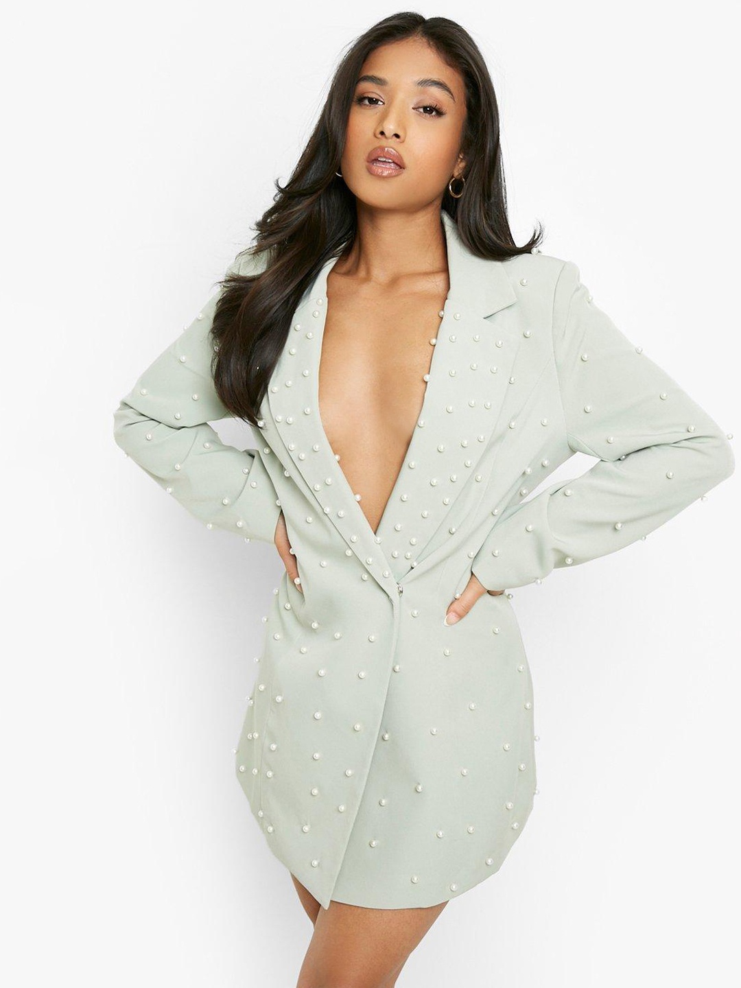 

Boohoo Petite Pearl Detail Blazer Mini Dress, Green