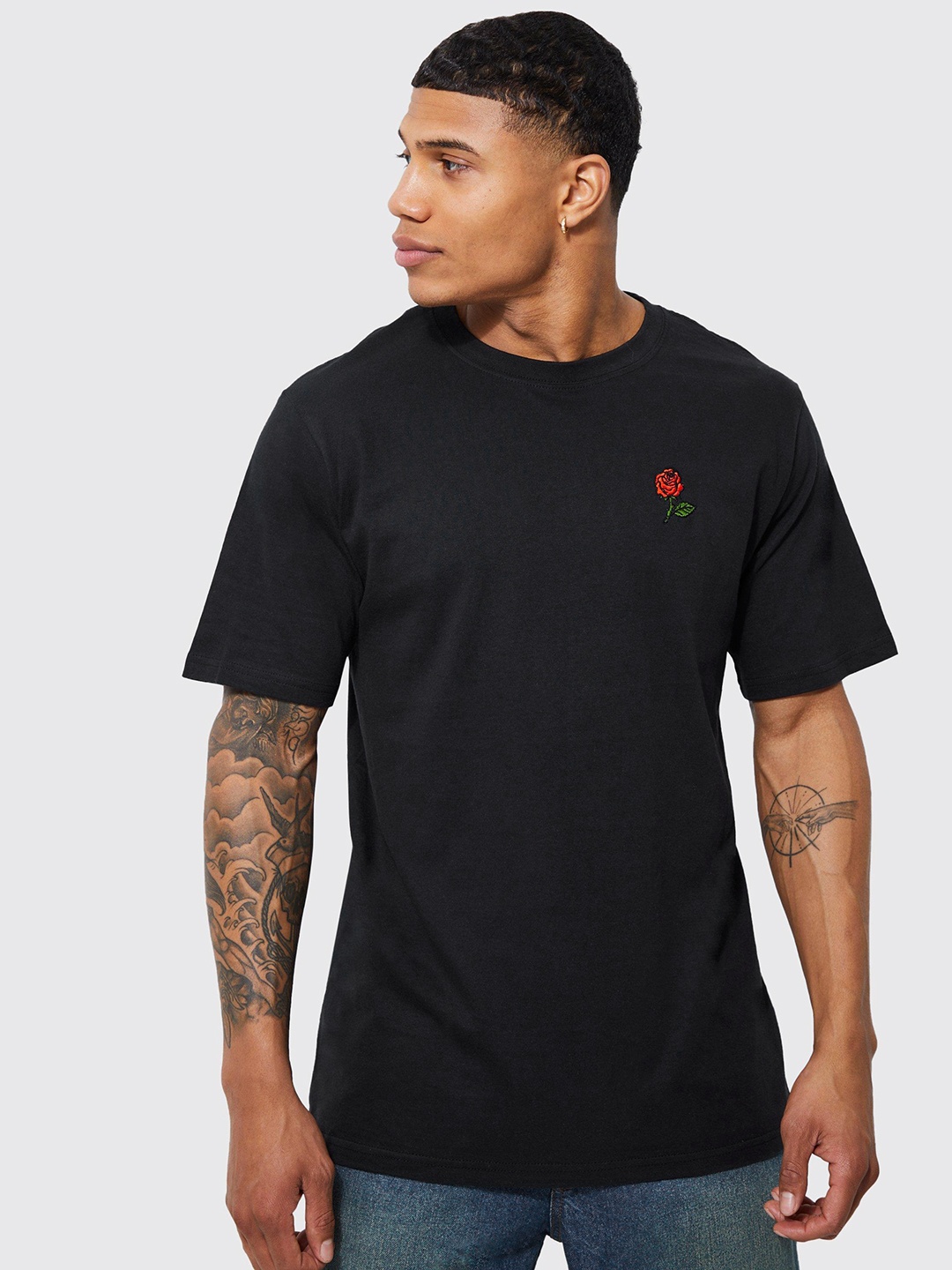 

boohooMAN Rose Embroidered Pure Cotton T-shirt, Black