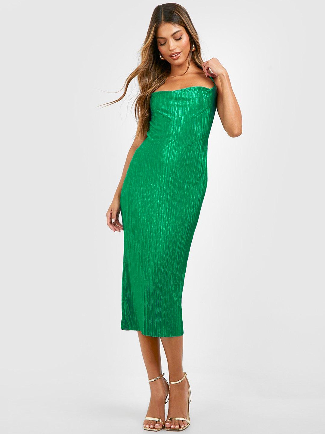 

Boohoo Plisse Sheath Midi Dress, Green