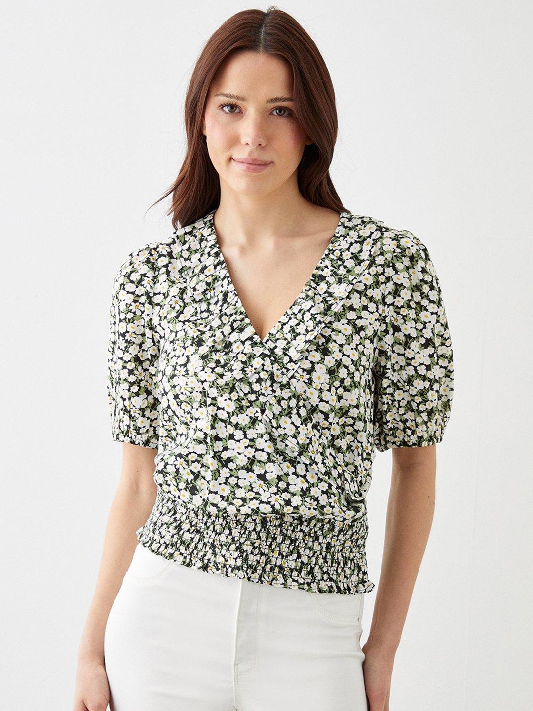 

DOROTHY PERKINS Floral Print Puff Sleeve Wrap Style Top, Green