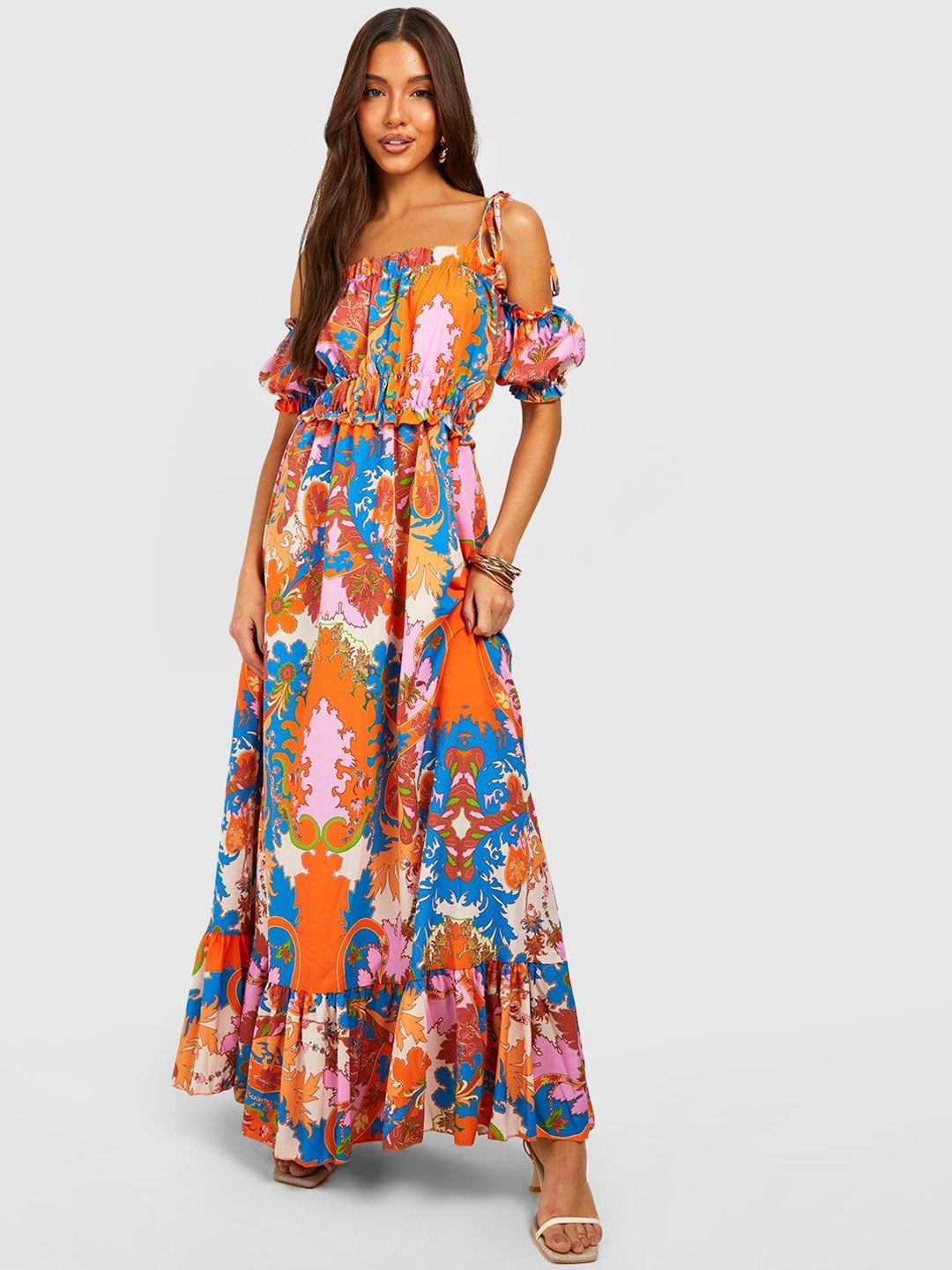 

Boohoo Printed Cold-Shoulder Sleeves Ruffled Maxi Dress, Orange