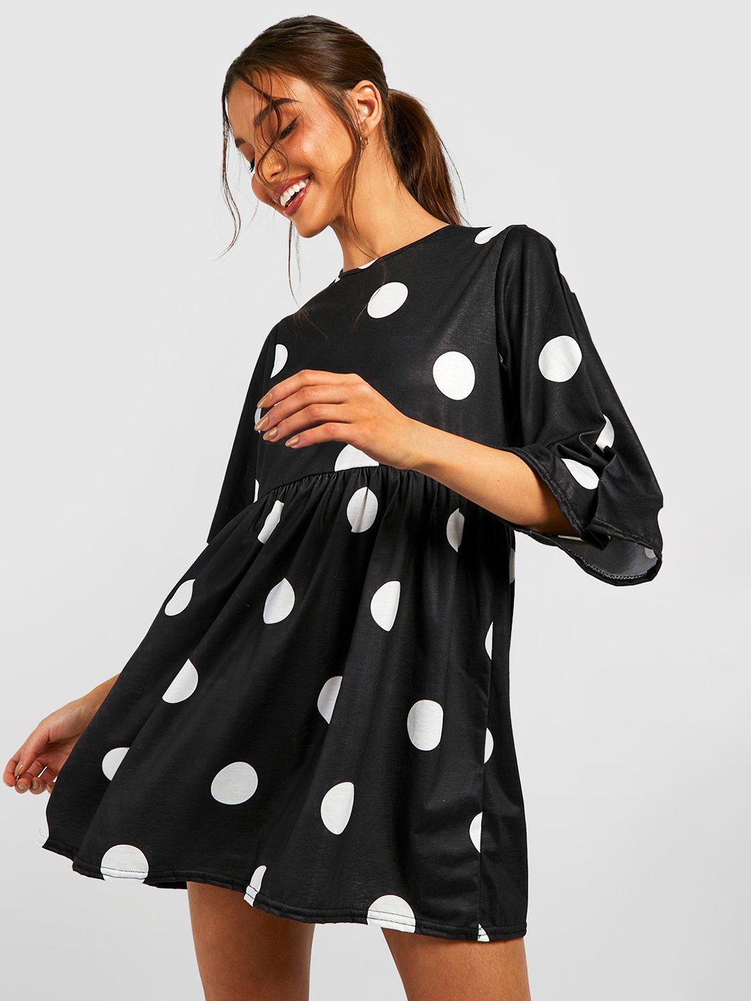 

Boohoo Polka Dot Print A-Line Mini Dress, Black