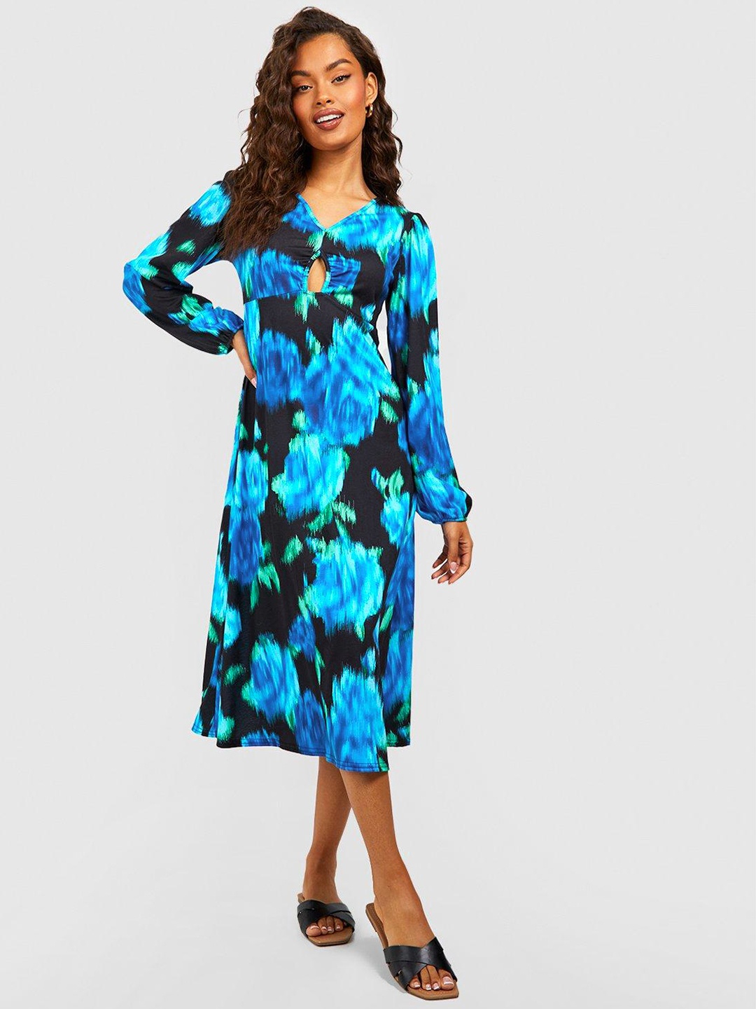 

Boohoo Abstract Print Cut-Out A-Line Midi Dress, Blue