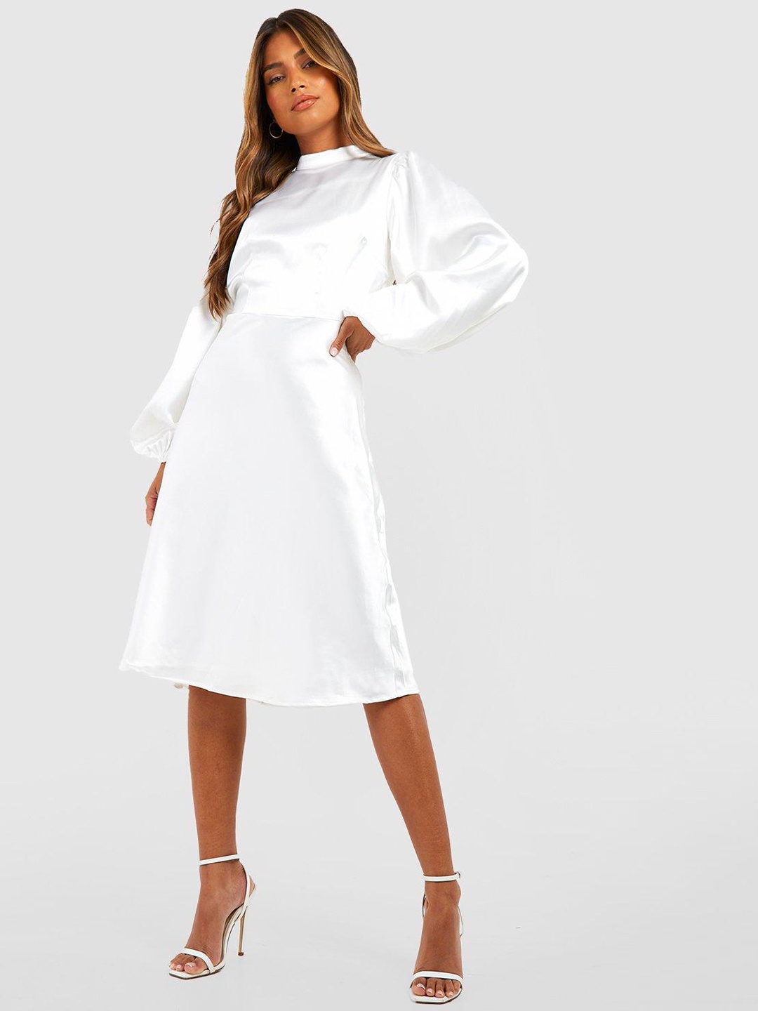 

Boohoo Puff Sleeves Satin Finish Cut-Out Detail A-Line Dress, White