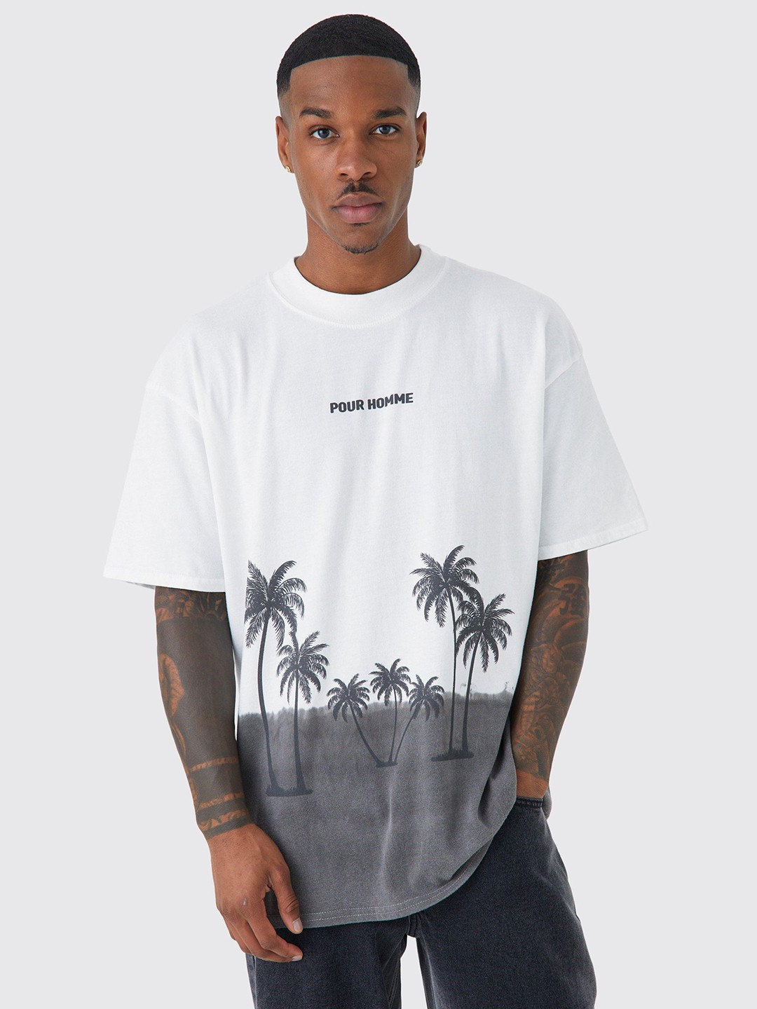 

boohooMAN Tropical Printed Drop-Shoulder Sleeves Oversized T-shirt, White