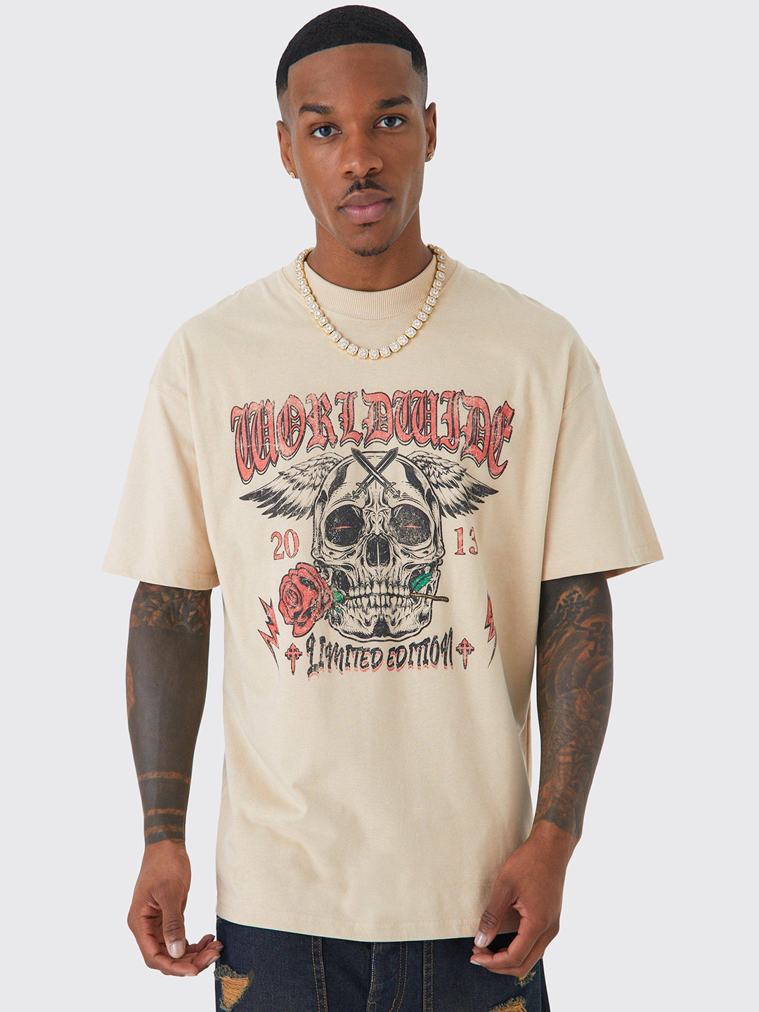 

boohooMAN Vintage Skull Printed Drop-Shoulder Sleeves Pure Cotton Oversized T-shirt, Beige