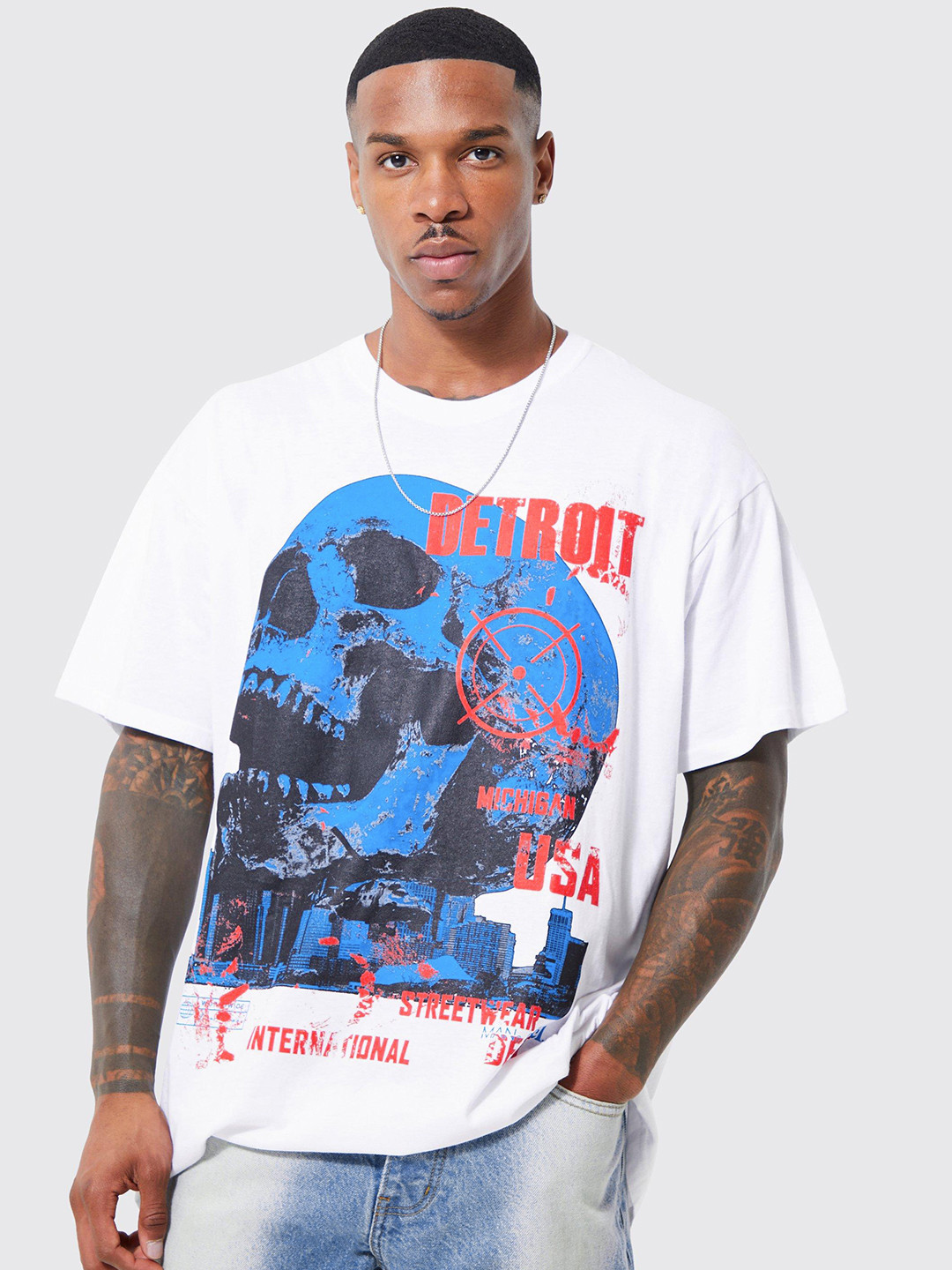 

boohooMAN City Skull Printed Drop-Shoulder Sleeves Pure Cotton Oversized T-shirt, White