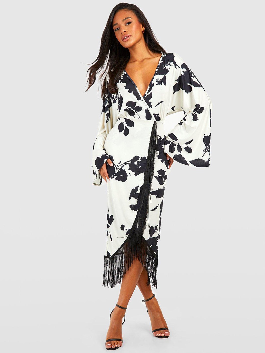 

Boohoo Printed Flared Sleeves Tassel Hem Wrap Midi Dress, White