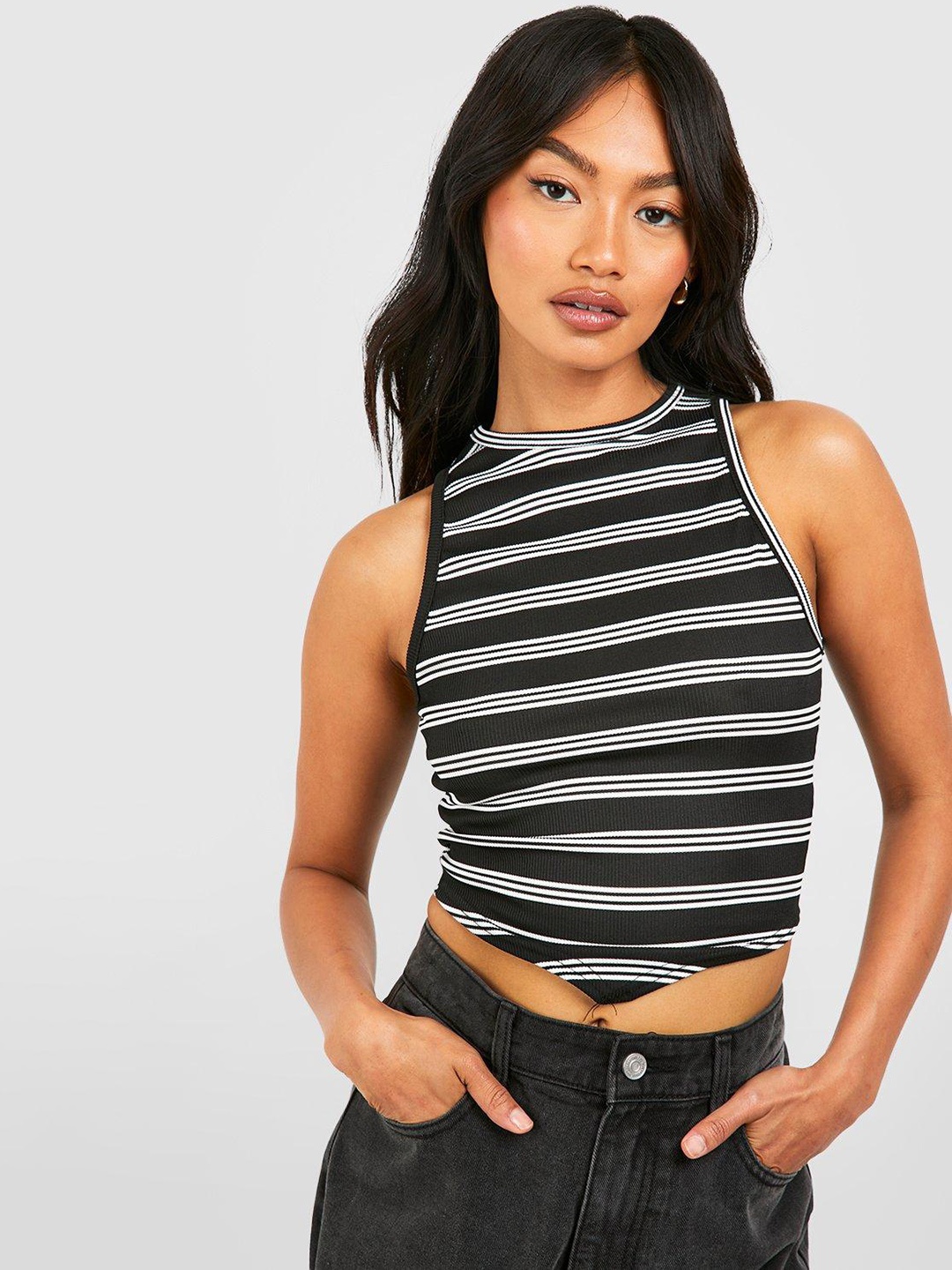 

Boohoo Striped Monochrome Ribbed Crop Top, Black